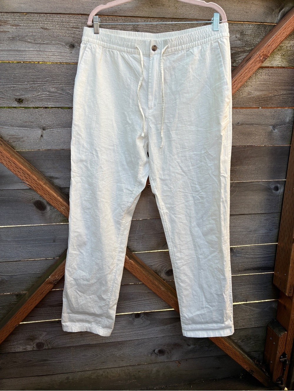 H&M White Linen-Blend Drawstring Chinos